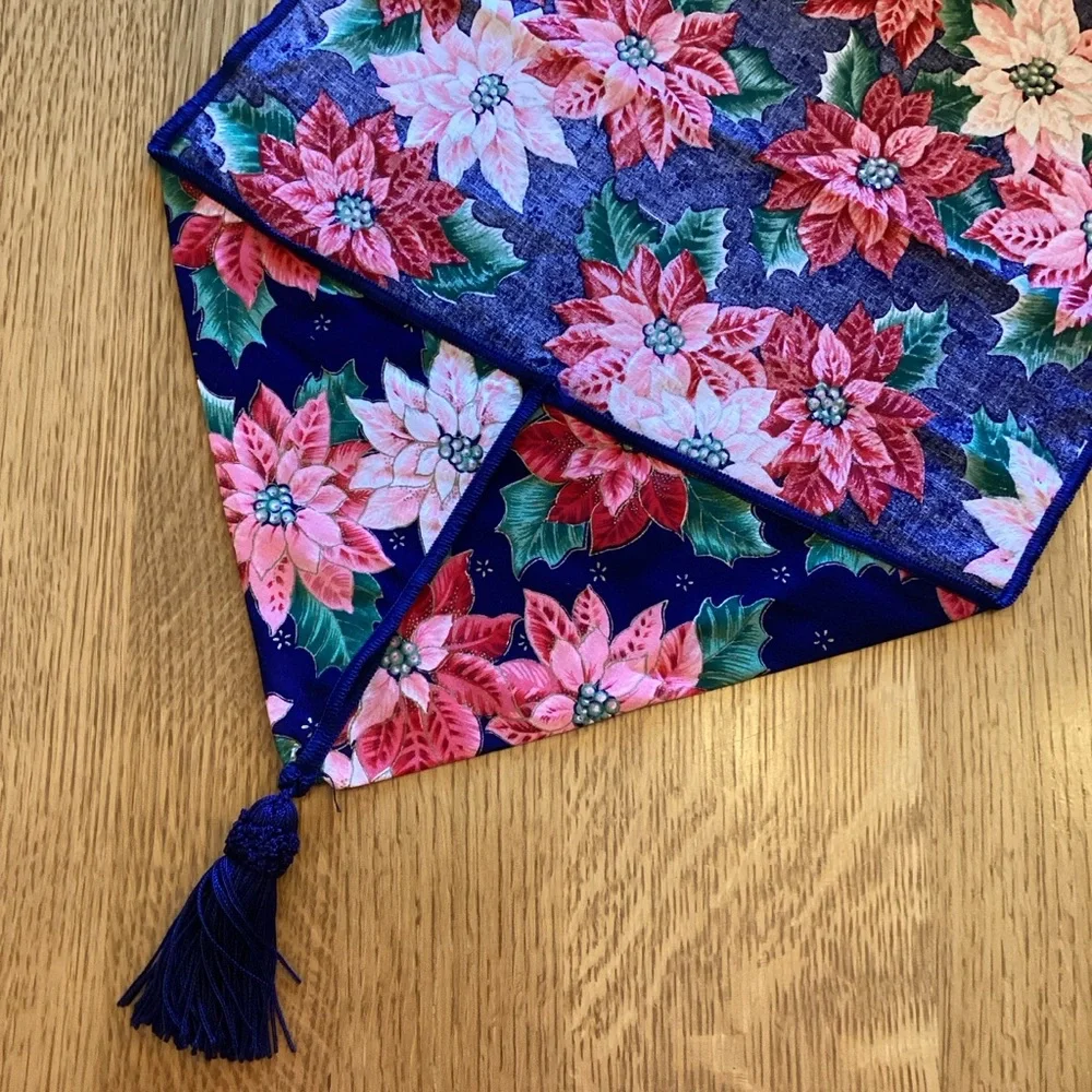 Christmas Table Runner Poinsettias 69 X 13 Blue Background Tassels Holiday Linen